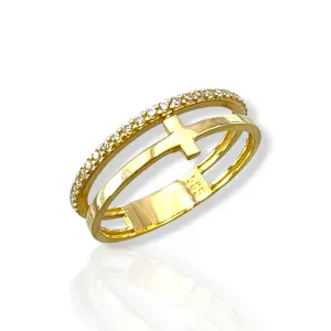 Дамски златен пръстен с кръст цирконии и двойна халка 14K RG13425
