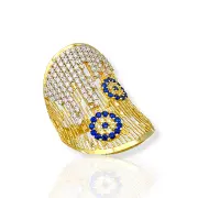 Обемен златен пръстен с бели и сини цирконии 14K RG11281