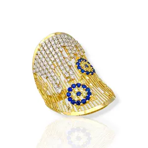 Обемен златен пръстен с бели и сини цирконии 14K RG11281