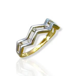 Дамски златен пръстен с двуцветен зигзаг и цирконии 14K RG12728