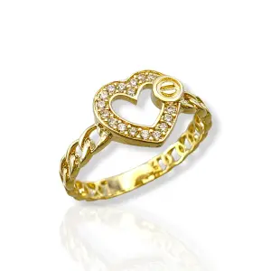 Дамски златен пръстен сърце с цирконии и верига тип Картие 14K RG13429
