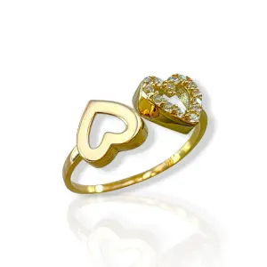 Дамски златен пръстен с двойно сърце и цирконии 14K RG12626