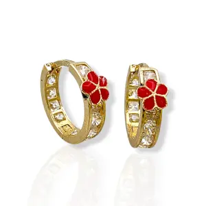 Детски златни обеци халки с червено цвете и циркони 14K RG13354