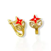 Детски златни обеци цвете с червен емайл и листа с циркони 14K RG13338