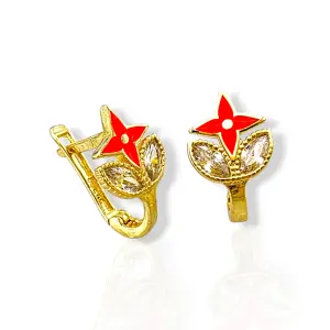 Детски златни обеци цвете с червен емайл и листа с циркони 14K RG13338