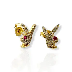 Детски златни обеци зайчета Playboy с рубин и циркони 14K RG13316