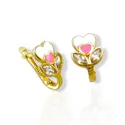 Детски златни обеци сърца с бял и розов емайл 14K RG13340