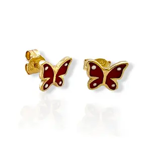 Детски златни обеци на винт пеперуди с червен емайл 14K RG13319
