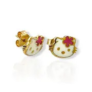 Усмихнати детски обеци Кити с розова панделка от злато 14K RG13322