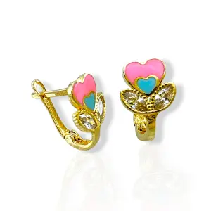Детски златни обеци сърца с тюркоазен акцент и циркони 14K RG13344
