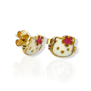 Усмихнати детски обеци Кити с розова панделка от злато 14K RG13322