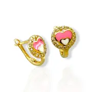 Детски златни обеци сърца с розов емайл и камъни 14K RG13347
