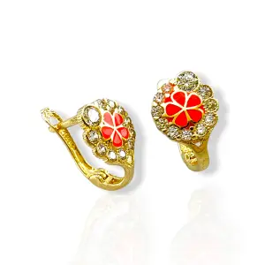 Детски златни обеци детелина с червен емайл 14K RG13351