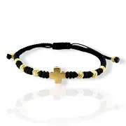 Гривна с черен конец – златно кръстче и гравирани топчета 14K RG12261