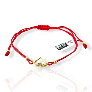 Гривна с червен конец и нежно златно сърце с циркони 14K RG12327