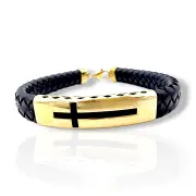 Мъжка кожена гривна златен прав кръст 14K GR10557