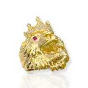 Златен пръстен с лъвска глава и рубинени очи 14K RG11303