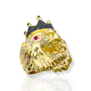 Мъжки златен пръстен лъв с черна корона и рубини 14K RG11304