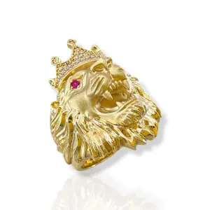 Мъжки златен пръстен разярен лъв с корона и циркони 14K RG12671