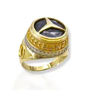 Мъжки златен пръстен с черен камък и емблема Мерцедес 14K RG13234