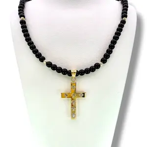 Мъжки златен синджир с гравиран кръст и оникс 14K RG12739