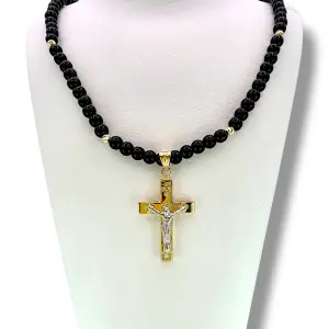 Мъжки златен синджир с плосък кръст и оникс 14K RG12741