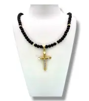 Мъжки златен синджир с оникс и фасетиран кръст 14K RG12077