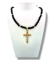 Мъжки златен синджир с оникс и релефен кръст 14K RG12078