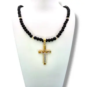 Мъжки златен синджир с оникс и релефен кръст 14K RG12078
