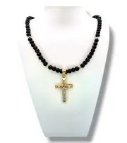 Мъжки златен синджир с оникс и луксозен кръст 14K RG12079