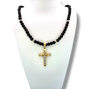 Мъжки златен синджир с оникс и луксозен кръст 14K RG12079