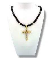 Мъжки златен синджир с оникс и заоблен кръст 14K RG12080