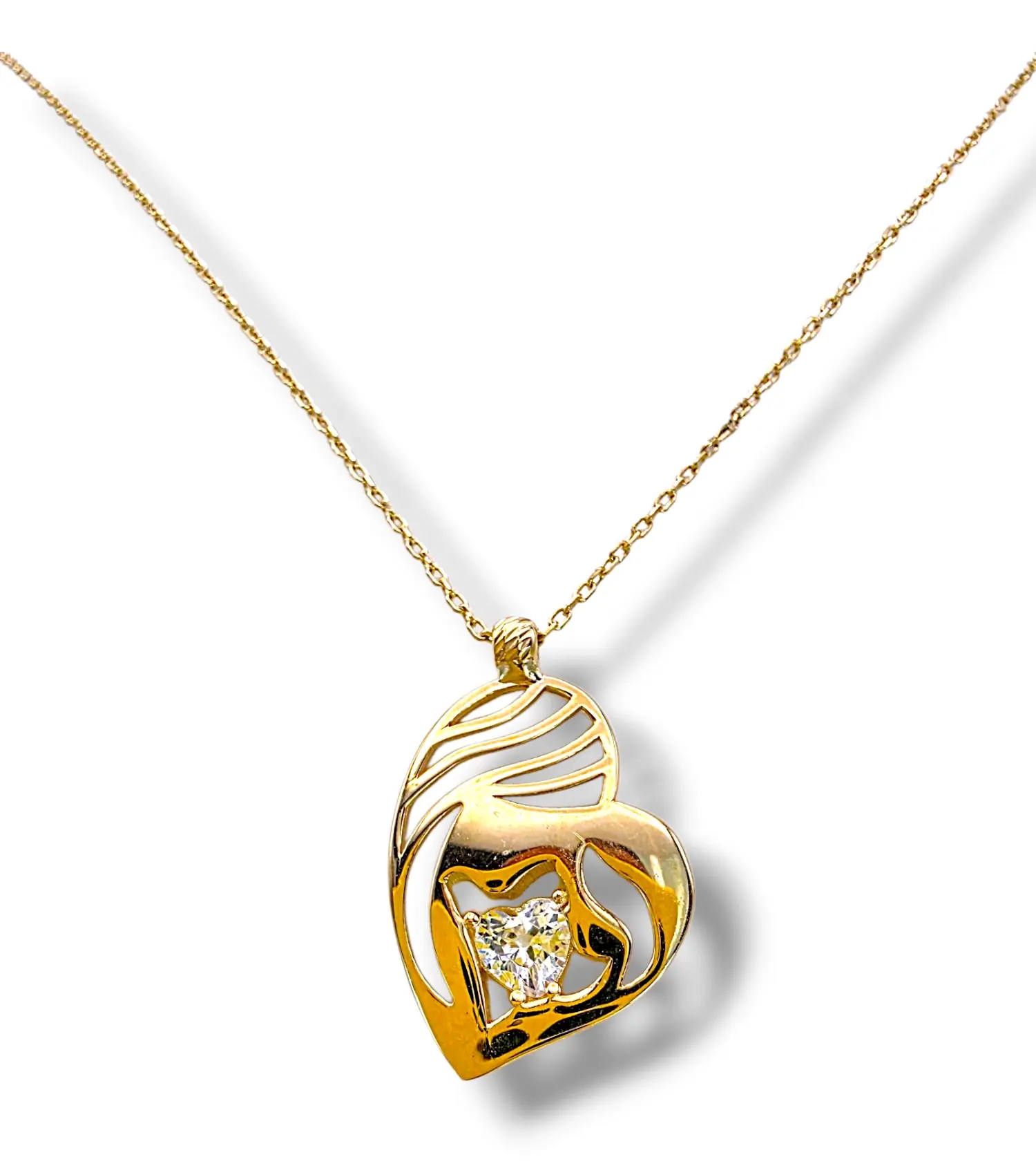 Тънко златно колие със стилизирано сърце и камък 14K RG12014