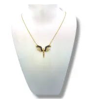 Тънко златно колие Феникс с ангелски крила и черни циркони 14K RG12019