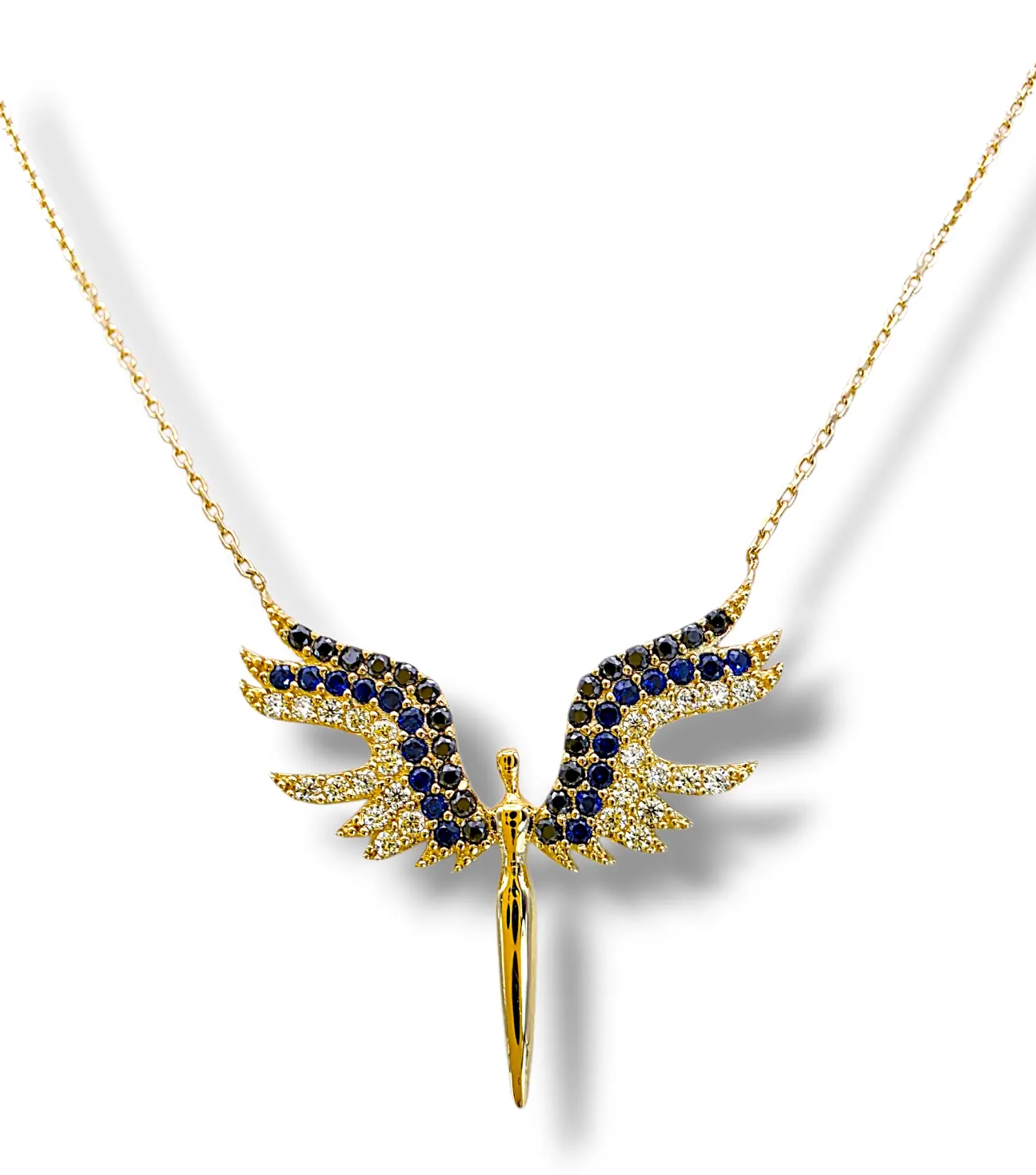 Тънко златно колие Феникс с ангелски крила и черни циркони 14K RG12019