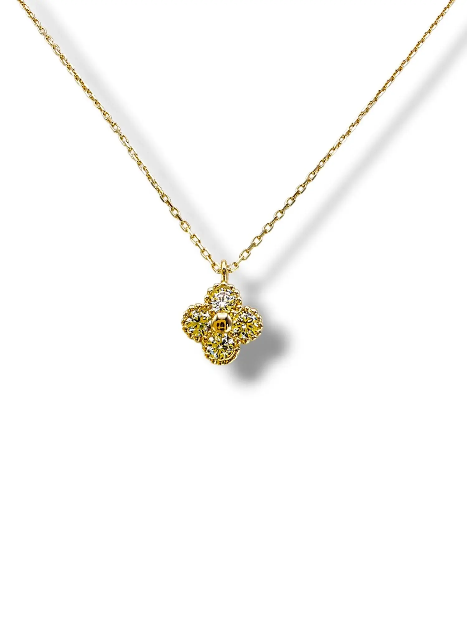 Тънко златно колие с четирилистна висулка цирконии 14K RG12789