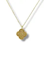 Тънко златно колие с четирилистно цветче и циркони 14K RG12809