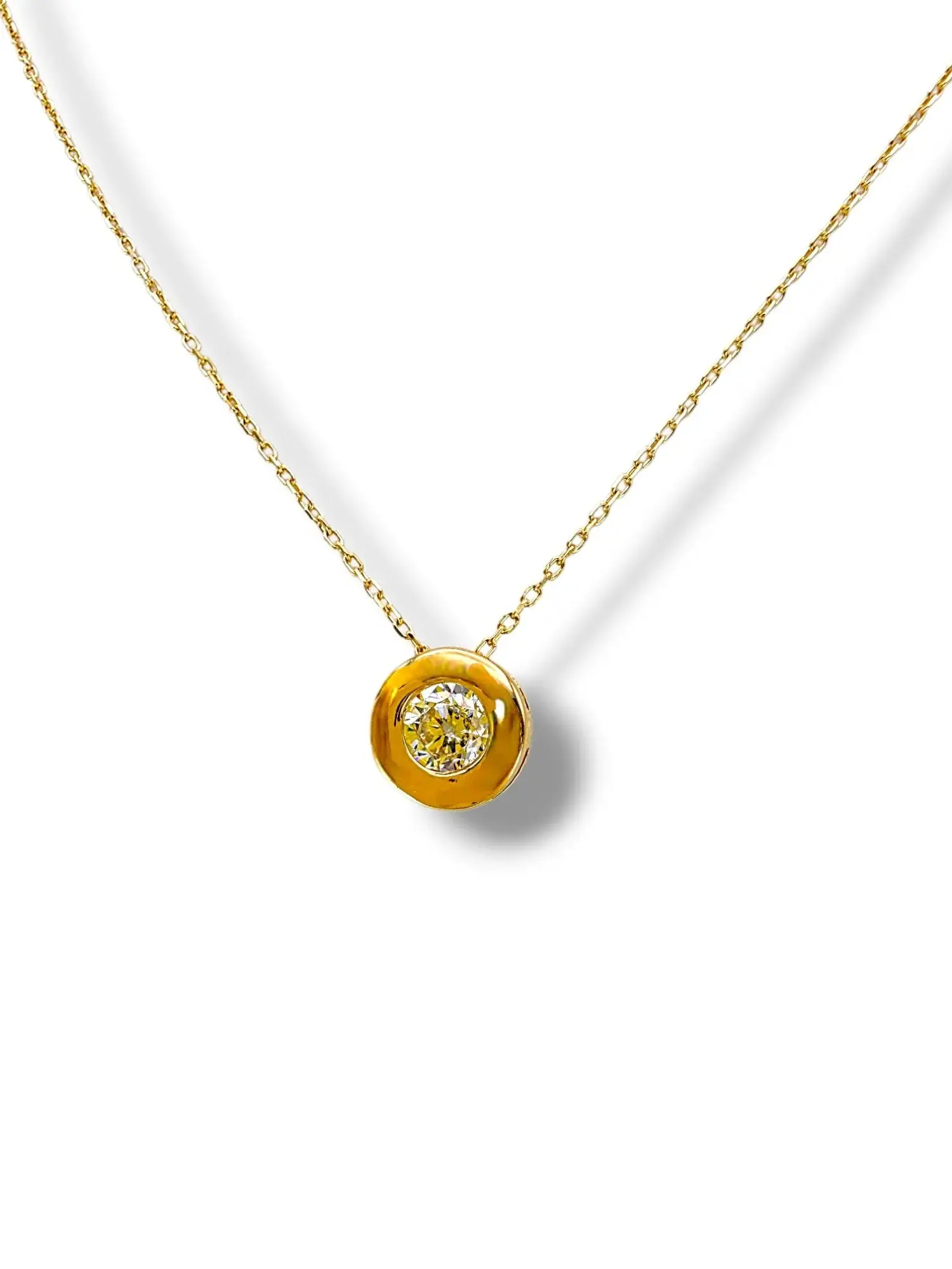 Тънко златно колие с висулка кръгла касичка и циркон 14K RG12795