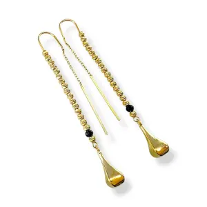 Висящи златни обеци с фасетирани топчета и оникс 14K RG12697