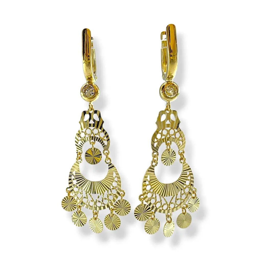 Висящи златни обеци с богат ажур и гравирани парички 14K RG12771