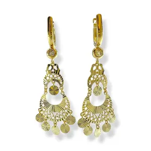 Висящи златни обеци с богат ажур и гравирани парички 14K RG12771