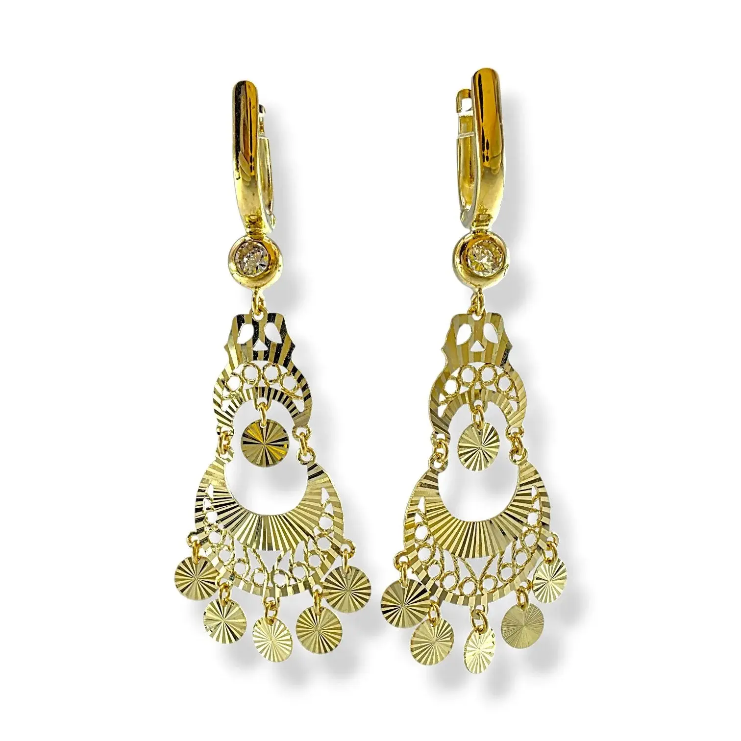 Висящи златни обеци с богат ажур и гравирани парички 14K RG12771