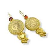 Висящи златни обеци монета Ататюрк с червен камък и сърце 14K RG12817