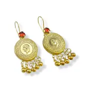 Висящи златни обеци монета с червен камък и висулки 14K RG12818