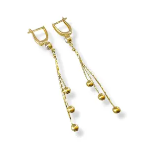 Висящи златни обеци с циркони и пискюли от гладки топчета 14K RG12776