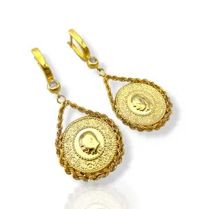 Висящи златни обеци с монети и въжен синджир 14K RG13285