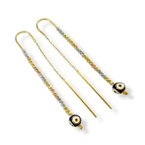 Висящи златни обеци с трицветни топчета и синьо око 14K RG12821