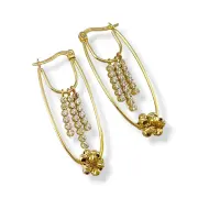 Висящи златни обеци с цирконии и цвете от гравирани сфери 14K RG12780