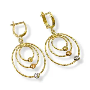 Висящи златни обеци с тройни кръгове и трицветни топчета 14K RG12782