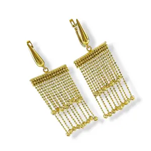 Висящи златни обеци тип метла с мрежеста плетка и висулки топчета 14K RG12825